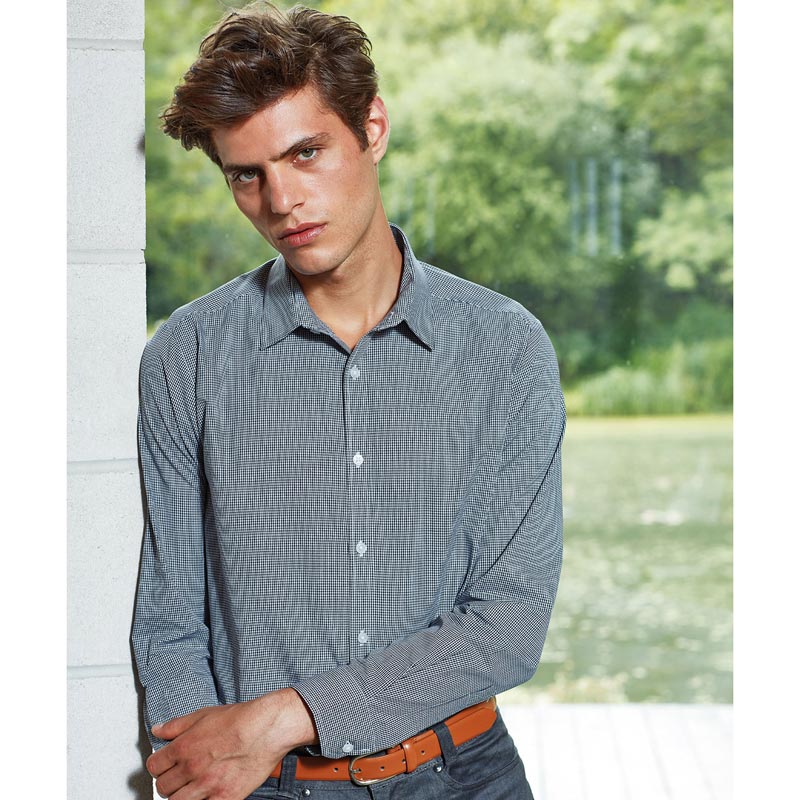 Microcheck (Gingham) long sleeve cotton shirt - Light Blue/White XS